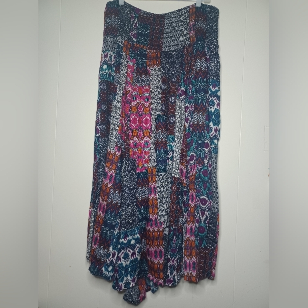 Coline Womens Patchwork Midi Full Skirt Boho Hippie Peasant Smocked Waist L/XL